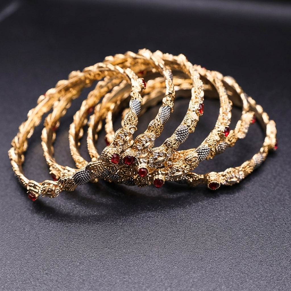 Golden bangles with red stones(set of 6)