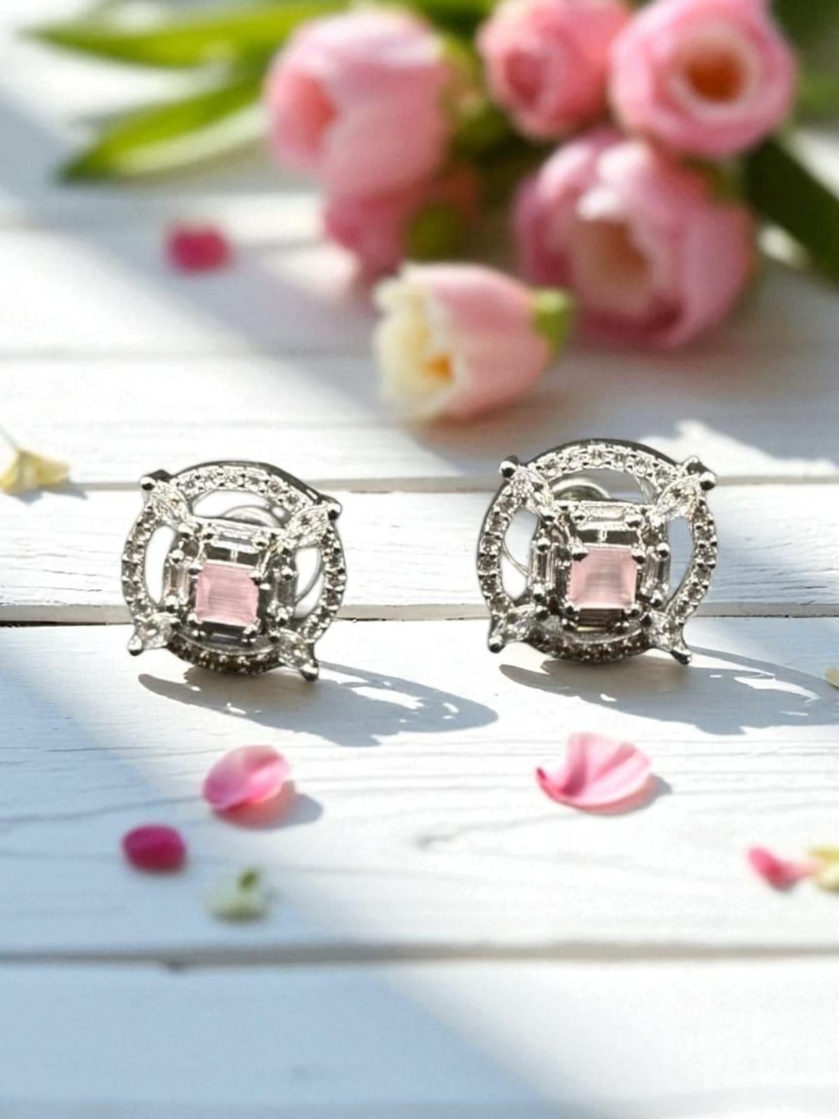 stylish zircon studs with pink stone