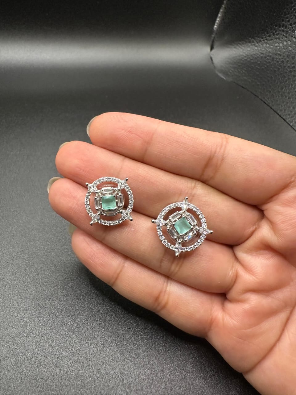 Stylish zircon studs with aqua stone