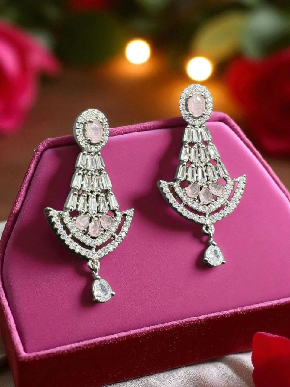 Chandelier earrings with zircon and pink stones