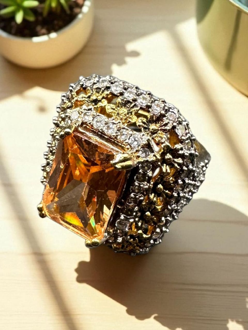 Turkish style bold square champagne ring
