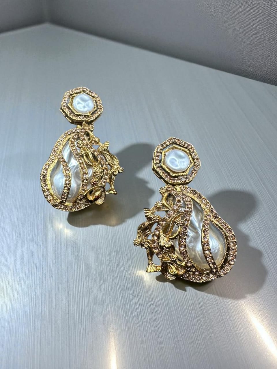 Turkish style white pearl with champagne stones earrings