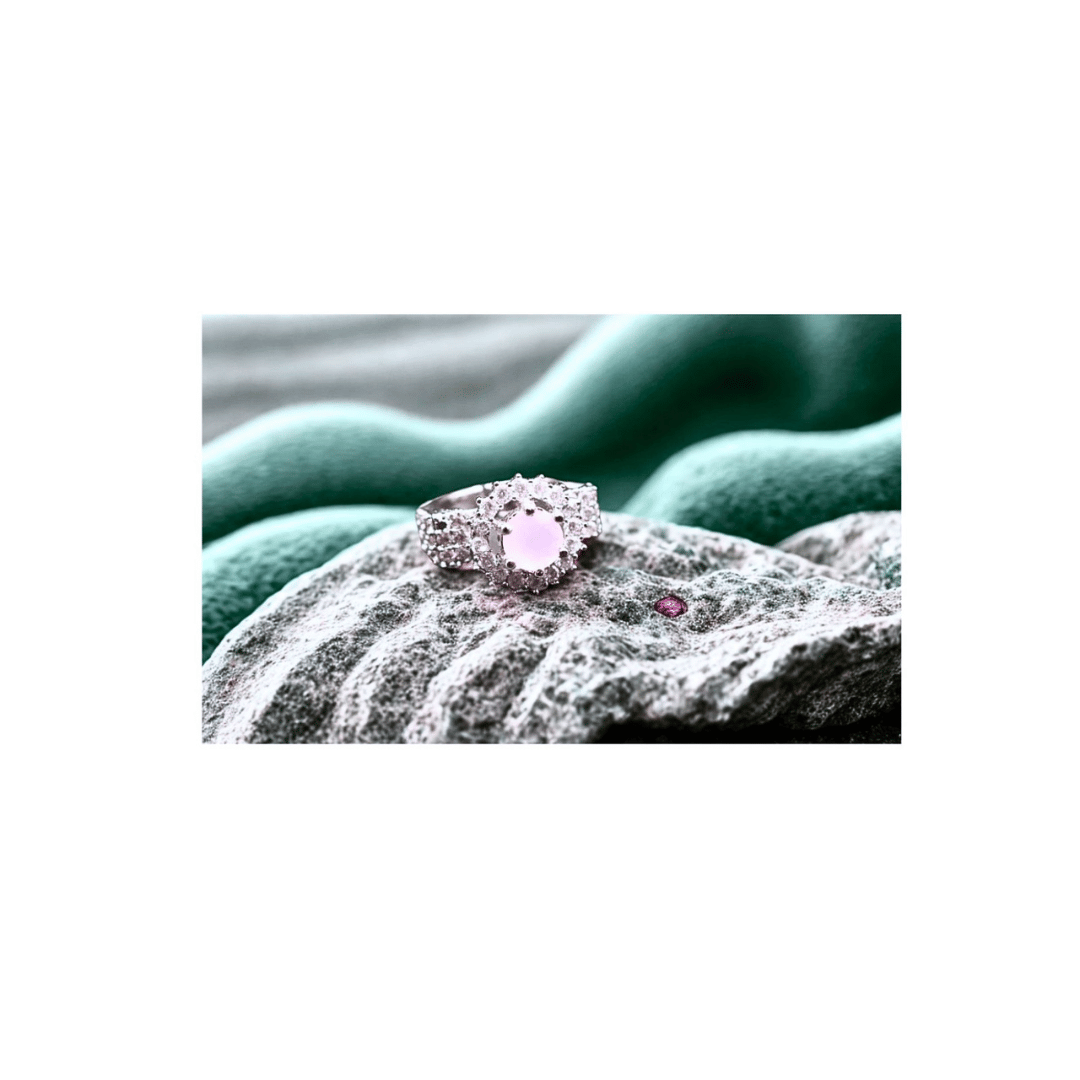Pink solitaire ring with zircons in silver frame