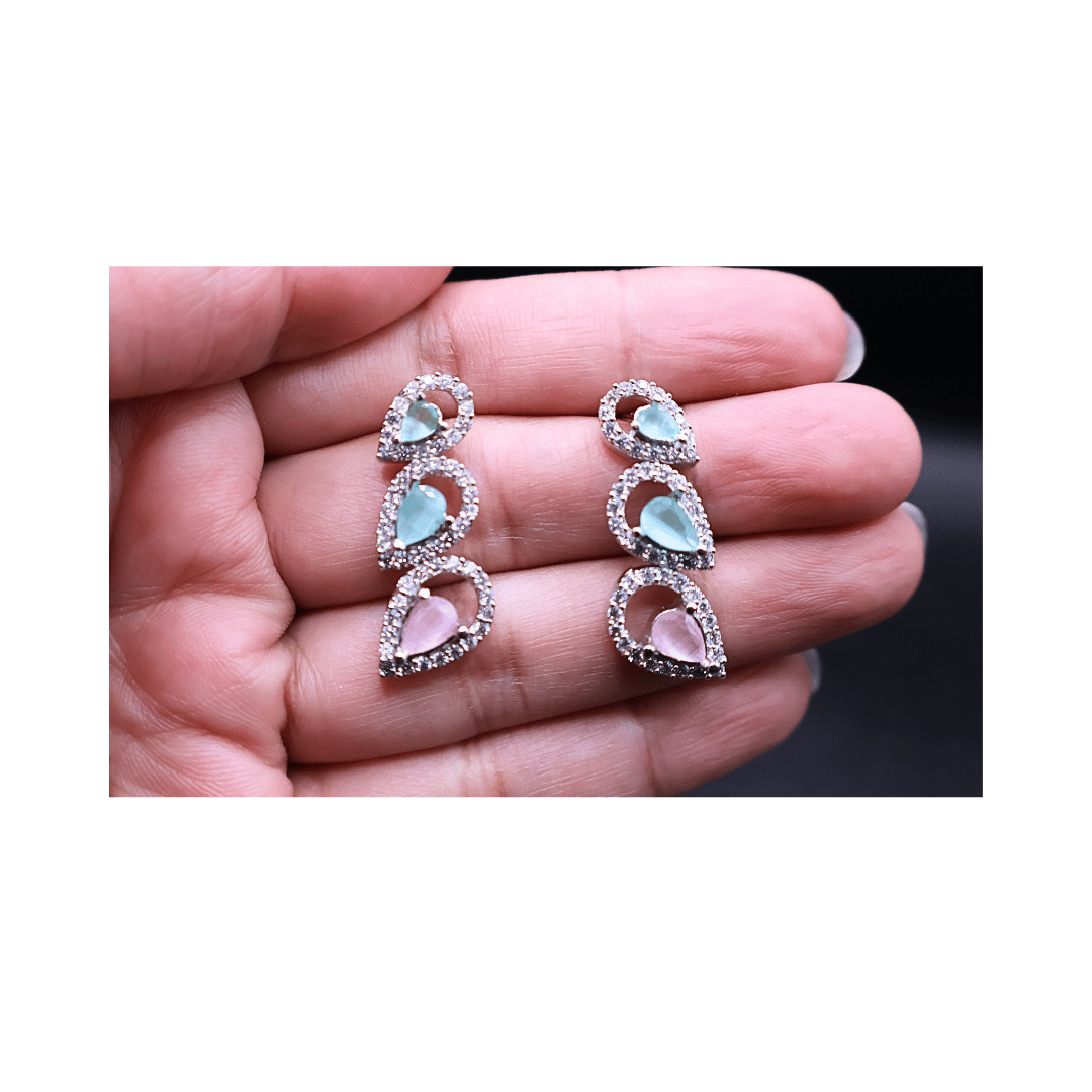 Pink and blue earrings embellished with zircon