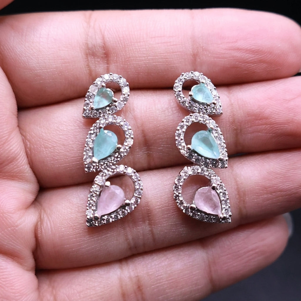 Pink and blue earrings embellished with zircon