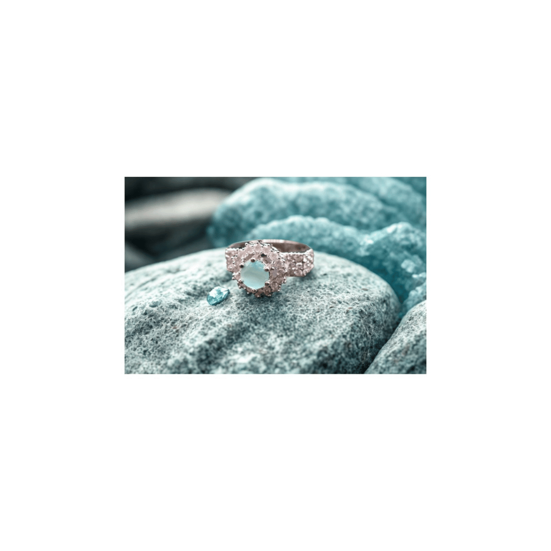 Turquoise solitaire ring with zircons in silver frame