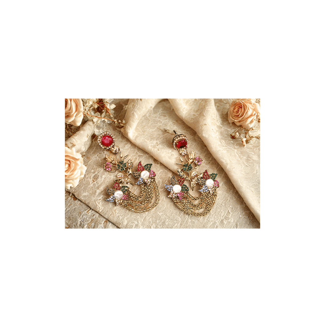 Chain hanging Turkish earrings in ruby