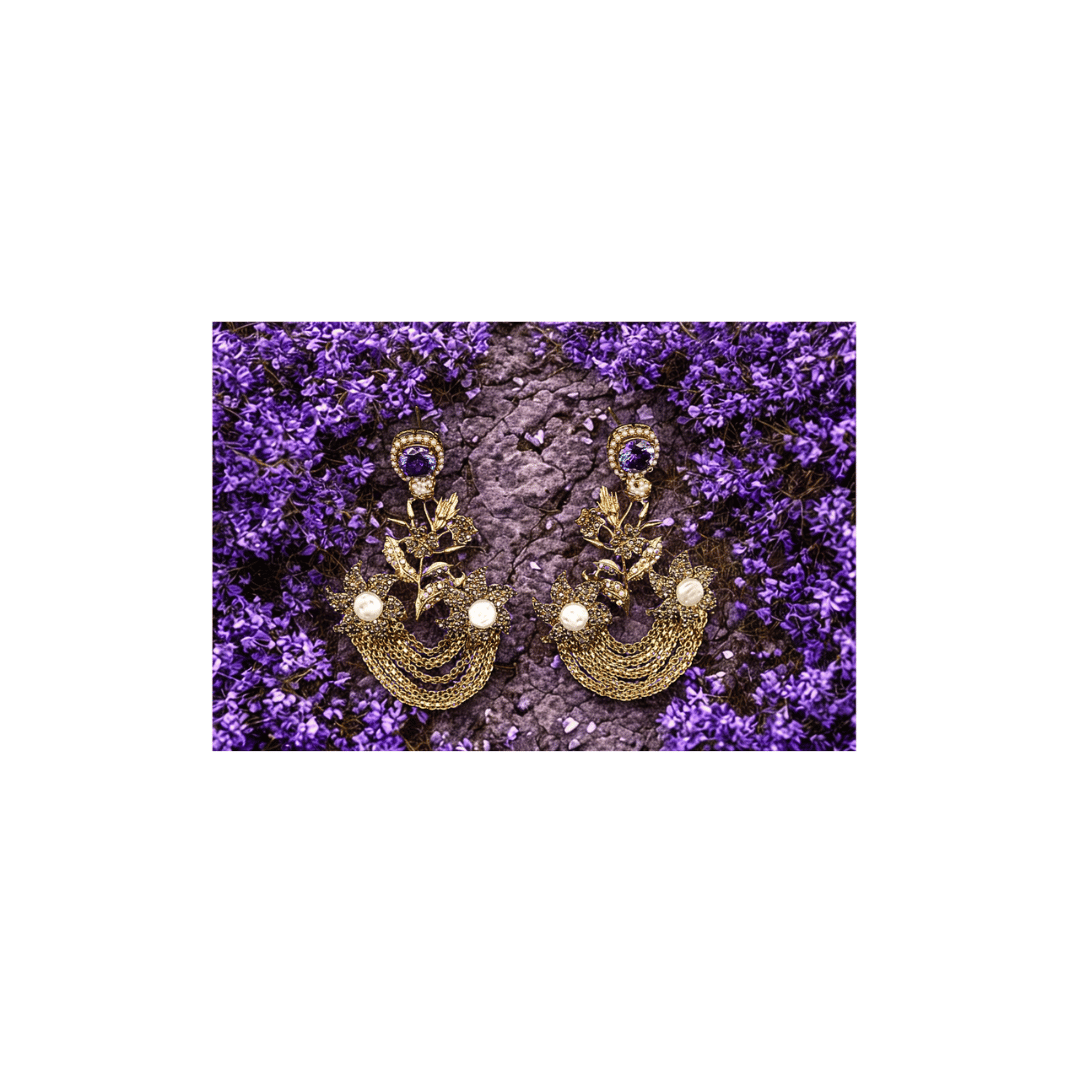 Chain hanging Turkish earrings in purple