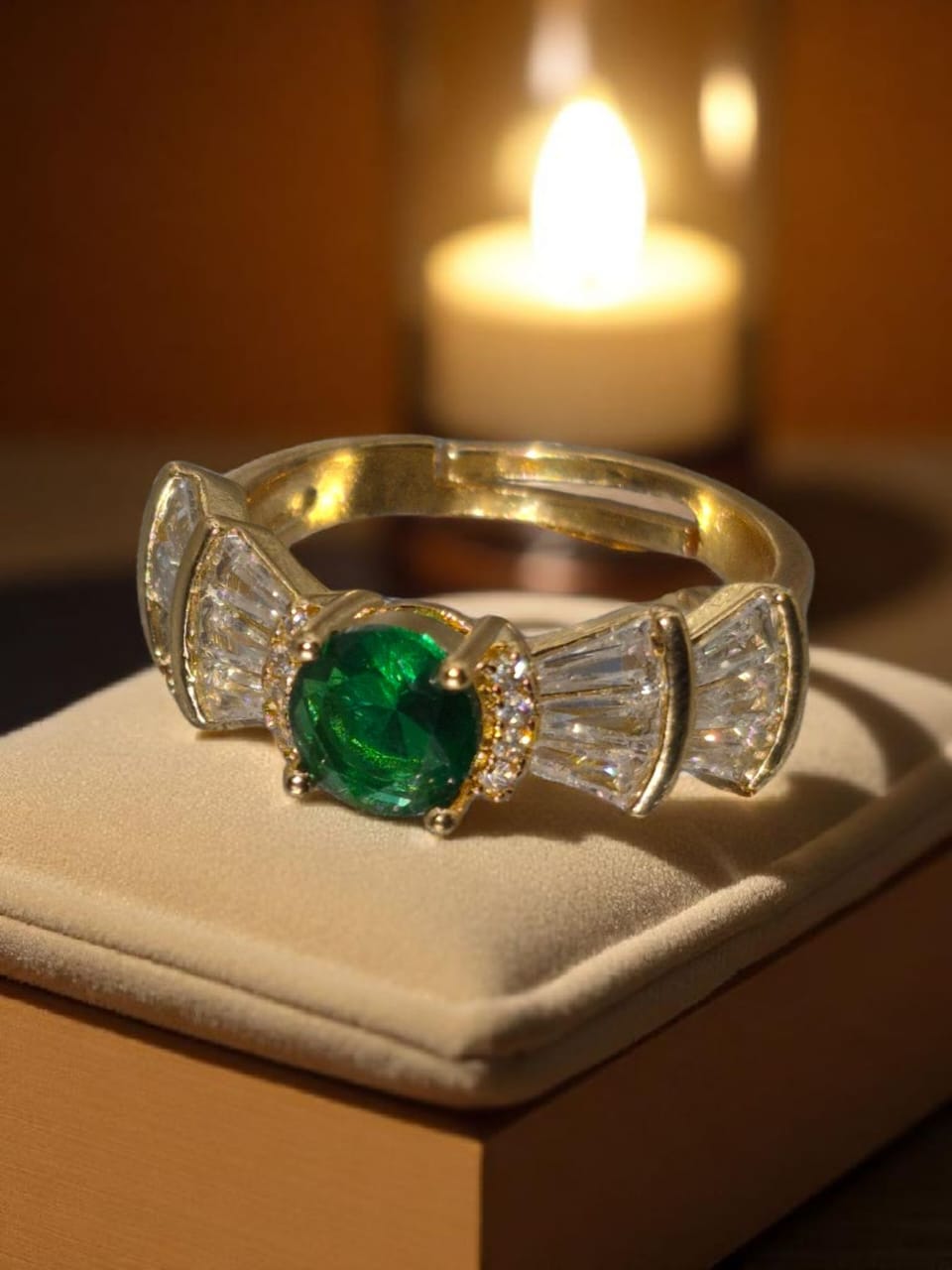 Gold plated adjustable ring with emerald