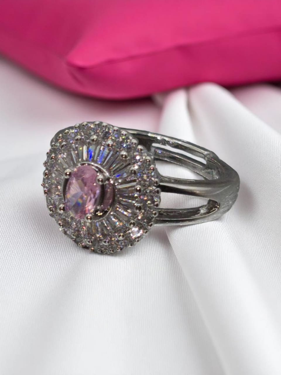 Silver adjustable ring with pink and white stones