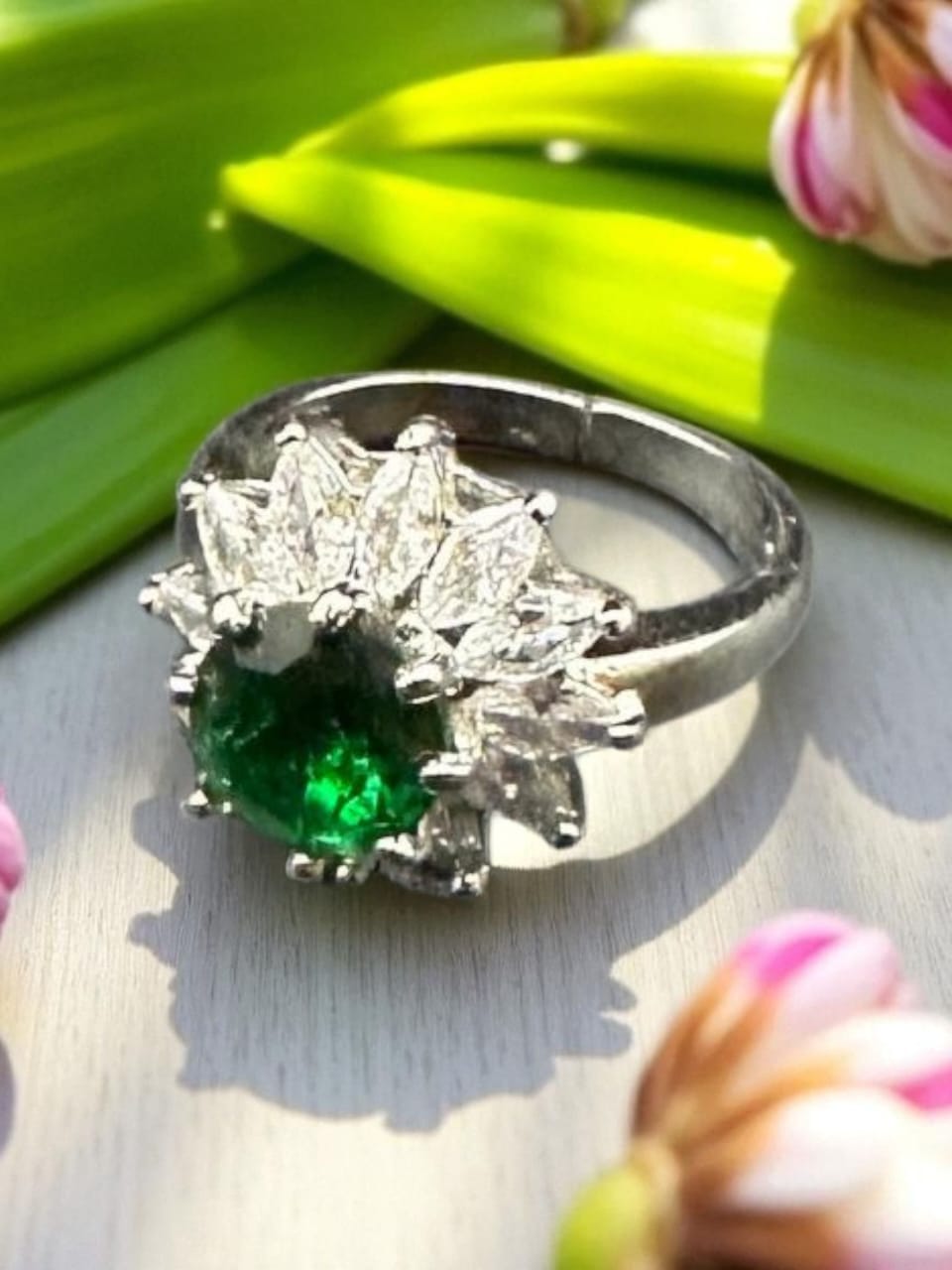 silver adjustable ring with emerald