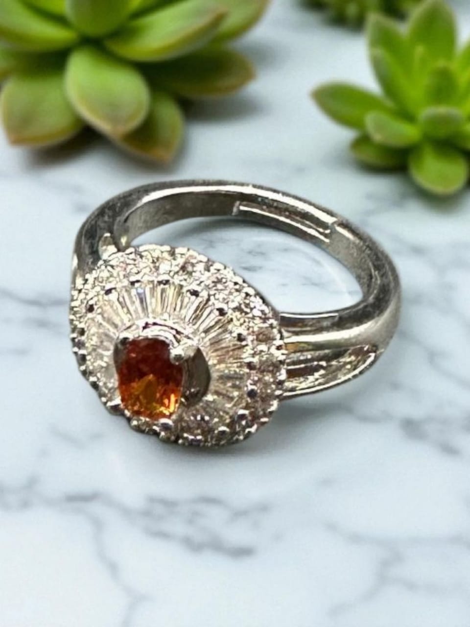 silver adjustable ring with brown stone