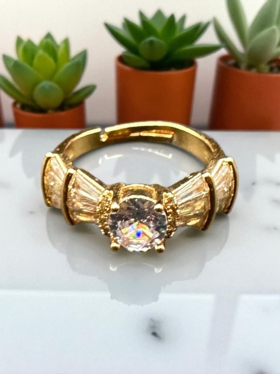 golden adjustable ring with zircon