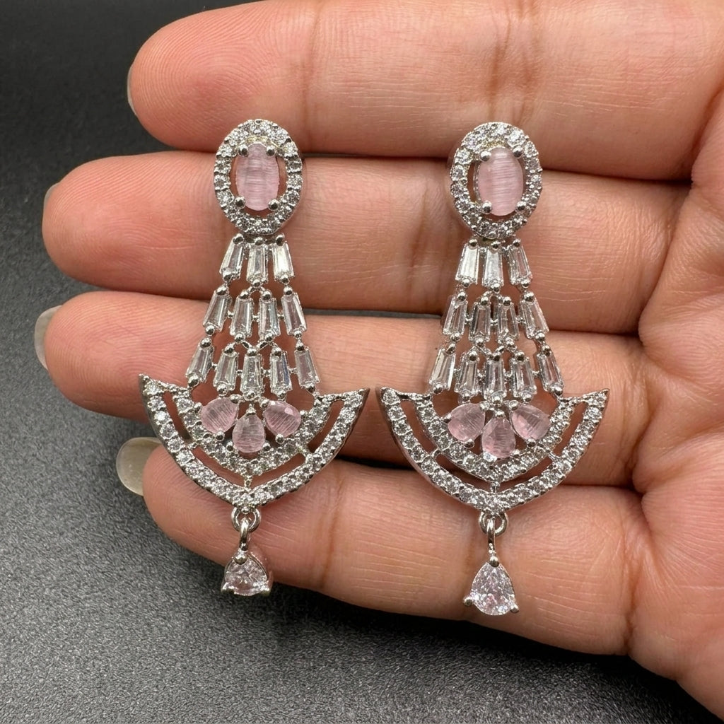 Chandelier earrings with zircon and pink stones