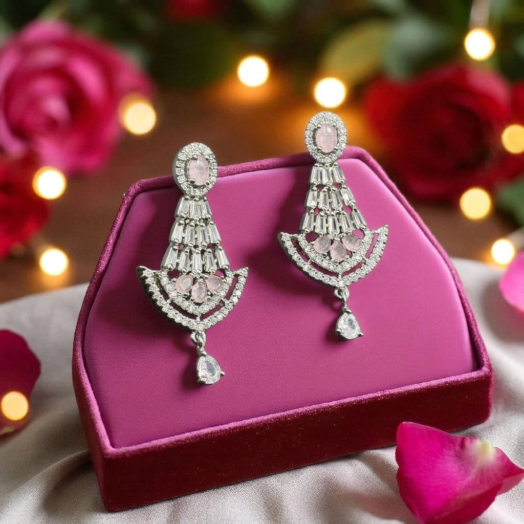 Chandelier earrings with zircon and pink stones